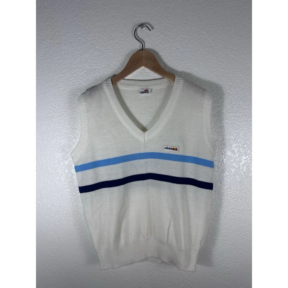 Vintage Ellesse Sweater Vest White Blue Striped Embroidered Logo V Neck